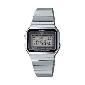 CASIO A700W-1A 빈티지 디지털 시계 남녀 공용 울트라 슬림 스테인리스 스틸 브레이슬릿 레트로 스퀘어 디스플레이 LED 백라이트 데일리 알람 스톱워치 방수 기능