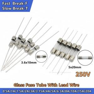 20PCS 3.6x10 5x20 mm 250V 0.5A 1A 1.5 2A 3.15A 4 5A 6.3A 8A F/T 리드 와이어 고속 및 저속 블로우 유리