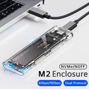 M.2 NVME PCIe NGFF SATA 듀얼 프로토콜 SSD 케이스 투명 USB 타입 C 10Gbps PCI-E 외장형 인클로저 하드