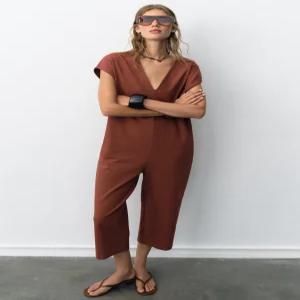 ZARA 헤비 코튼 롱 점프수트 - 테라코타 4174/647/701