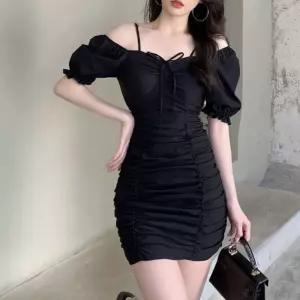 오프숄더 슬림 원피스 여름 주름 H라인 퍼프 드레스