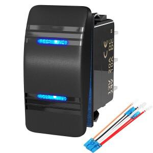 마린 로커 스위치 12V 20A 3단 ON OFF 래칭 DPDT 7핀 3방향 자동차 토글 파란색 LED 조명 (배선 포함)