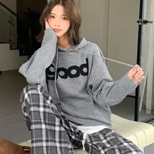 데일리룩 루즈핏 레터링 후드티 니트티셔츠 후드니트