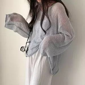 데일리룩 그물니트 여성 시스루 여름 루즈핏 여리여리 브이넥