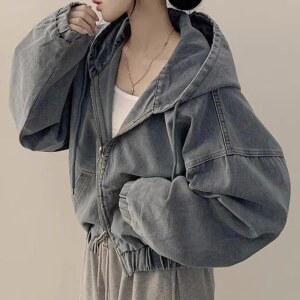 Matakawa 데님 자켓 여성 후드 봄 가을 솔리드 한국 패션 Chaquetas 빈티지 루즈 지퍼 Ropa De Mujer Tops