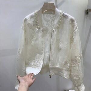 신상 해외 스타일 고급 비즈 자수 자외선 차단 재킷 봄 여름 O넥 야구 외투 여성용 지퍼 코트
