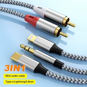 RCA 디지털 오디오 케이블 3.5mm/라이트닝/타입 C - 남성-남성 3in1 어댑터 (TV 박스 비디오 앰프 스피커