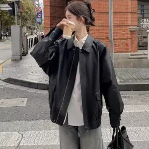 아우터 박시핏 레더자켓 여성 봄가을 루즈핏 가죽점퍼
