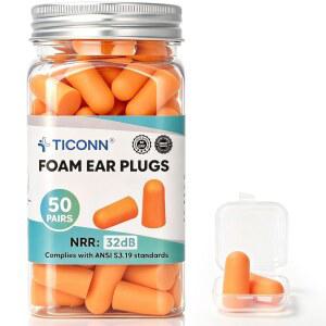 TICONN 50쌍 폼 귀마개 대용량 팩 32 DB NRR 소음 차단 | 청력 보호 고정형 디자인 부드럽고 편안한 착용감 일회용 및 위생적 학습 사냥 작업 수면용