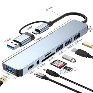 8포트 2 USB + 타입 C 허브 도킹 스테이션 (3.5mm 오디오 잭 어댑터 SD 카드 리더 노트북/태블릿/폰 컨버터