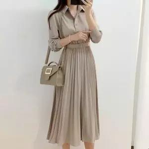 하객패션 플리츠원피스 허리벨트 카라원피스 롱 A라인 플리츠 원피스 여자