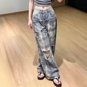 원픽 여성 체크무늬 찢어진 청바지 스타일의 스트레이트 와이드 레그 바지