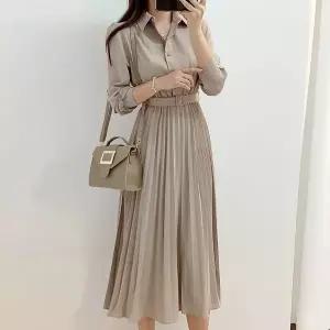 여성 허리벨트 A라인 플리츠 롱 원피스 하객패션