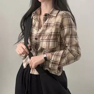 레이스나시 여성 체크 패턴 긴팔 셔츠 크롭티 여성셔츠 캐주얼 외출 스트릿