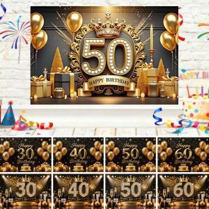 행복한 50번째 생일 배경 글리터 보케 블랙 골드 풍선 장식 축하 활동