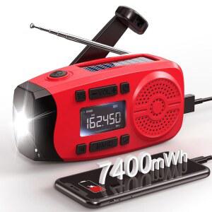 LCD가 탑재된 RUNNINGSNAIL 7400MWH 손잡이식 비상 무전기 | 무전기 기상 경보 / AM FM NOAA 지원 USB 태양광 패널 손잡이식 손전등 및 생존 장비용 SOS 알람 포함