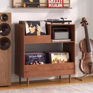 BROTTAR Mid Century Modern Record Player Stand 2-티어 Vinyl Storage 7/10/12인치 Records 수납 가능