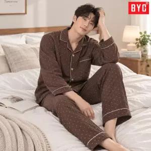 BYC 남자 삼중 거즈면 파자마 세트 순면 긴팔 긴바지 잠옷 상하의 가을 홈웨어 실내복