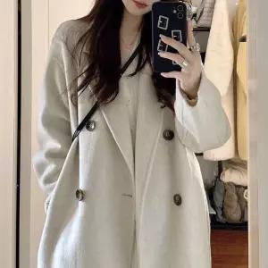 호빵걸 여성 오트밀 컬러 롱 울 코트 봄 루즈핏 더블 버튼