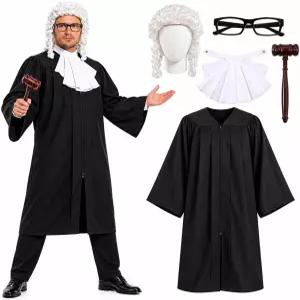 5PCS 판사 의상 액세서리 검은색 가운 할로윈 코스프레 가짜 목걸이 곱슬 가발 나무 망치 액자 안경 앞