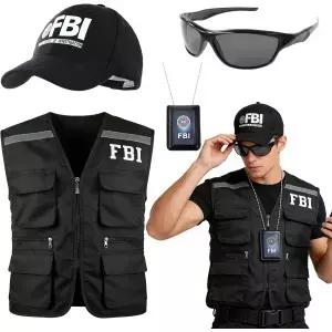 Beipegin 4개 세트 FBI 코스튬 남성용 여성용 요원 포함 조끼 모자 배지 선글라스 할로윈 파티 역할 놀이용