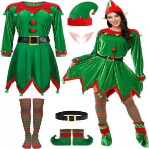 SOMSOC 6 팩 여성용 크리스마스 요정 의상 세트 벨벳 드레스 산타 도우미 Xmas 아웃핏 모자 신발 귀 벨트