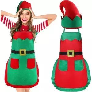 여성용 Laumoi 4개 세트 크리스마스 요정 코스튬 앞치마 산타 모자 Xmas 코스프레 의상 용품
