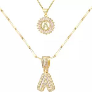 여성용 2PCS 이니셜 목걸이 14K 골드 도금 레터 세트 반짝이는 라운드 CZ 펜던트가 달린 레이어드 일상