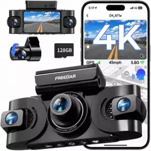 FREEXAR 4K 360° Dash Cam 128GB 카드 포함 우버 및 트 운전자용 전면 후면 캐빈을 갖춘 4채널 차량