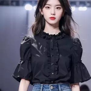 여성용 여름 라운드넥 프릴 퍼프소매 반팔 블라우스 캐주얼 블랙 반팔 셔츠0d7gshg07LL