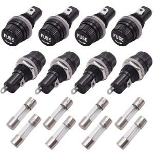 8개 패널 장착 5X20MM 스크류 캡 퓨즈 홀더 소켓 AC 250V 10A / 125V 15A 검정색 유리 튜브 퓨즈(10A+15A) 포함