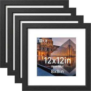 VCK 12x12 실제 유리 검은 나무 8x8 매트 4개 세트 강화 갤러리 프레임 벽걸이 디스플레이 사진 예술 작품