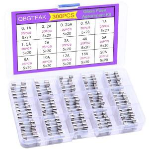 QBGTFAK 15가지 값 300개 퀵 블로우 유리 튜브 퓨즈 혼합 키트 250V 0.1A 0.2A 0.25A 0.5A 1A 1.5A 2A 3A 4A 5A 8A 10A 12A 15A 20A 5X20MM 및 플라스틱 박스(5X20MM) 포함