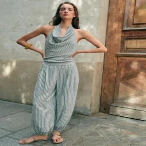 ZARA 린넨 스트라이프 벌룬 점프수트 - 브라운-블루 7907/659/049