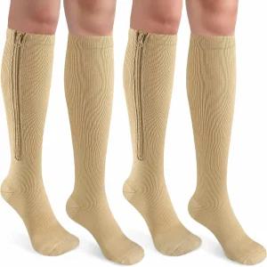 CASMON 2쌍 여성 및 남성용 지퍼 압박 양말 정맥 부종에 대한 15-20mmHg 폐쇄 발가락 무릎 높이 지지