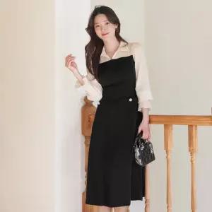 시크라인 네이단 링클 쉬폰 배색 플레어 원피스 빅사이즈/오피스룩/하객룩1415427