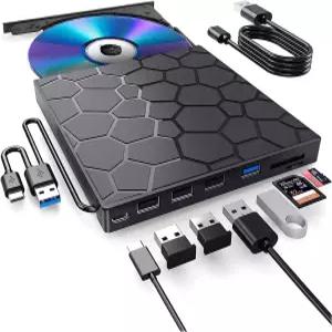 MELLBURRY 외장 DVD 드라이브 CD USB 3.0 Type-C 호환 플레이어 슬림 휴대용 읽기 및 쓰기 Windows Mac