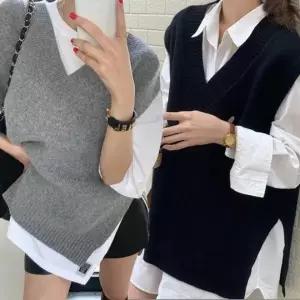 사계절 레이어드 옆트임 모던 베스트 니트조끼 브이넥 여자니트조끼