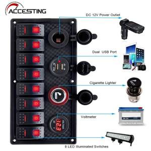 [호환품]8갱 로커 스위치 패널 회로 차단기 과부하 보호 전압계 12V 24V DC USB 충전기 포트 RV 자동차 보