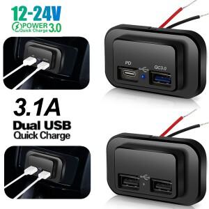 QC3.0 PD 차량용 충전기 소켓  듀얼 USB 콘센트 패널 전원 어댑터 트럭 캠핑카 캐러밴 액세서리 12/24V