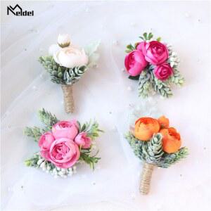 멜델 로즈 버드 손목 코사지 핸드 플라워 맨 Boutonn ere 인공 차 로즈 실크 손목 팔찌 신부 들러리 웨딩 댄스 파티 브로치