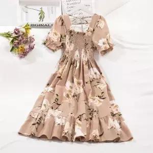 봄 여름 쉬폰 드레스 패션 여성 탄성 허리 짧은 소매 Pleated 캐주얼 a 라인 Vestidos