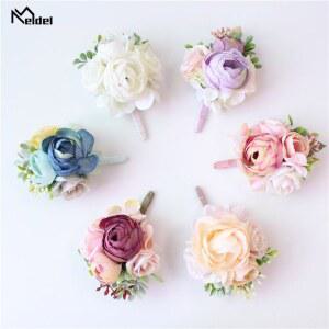 Meldel Corsage 신랑 Boutonn ere 핀 신부 손목 Corsage 샴페인 블루 신부 들러리 팔찌 남자 댄스 파티 웨딩 플라워 액세서리