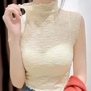 반폴라 프릴넥 플라워 시스루 크롭민소매티