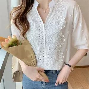 블라우스 브이넥 칠부 루즈핏 여성 블라우스 플라워 자수 셔츠 데일리 캐주얼 오피스 펀칭 여름 반팔 상의