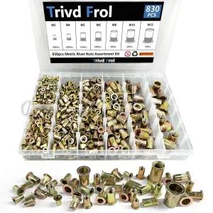 Trivd Frol 830PCS 미터법 리벳 너트 툴 키트 M3 M4 M5 M6 M8 M10 M12 아연도금 탄소강 평면 머리 어셈블리
