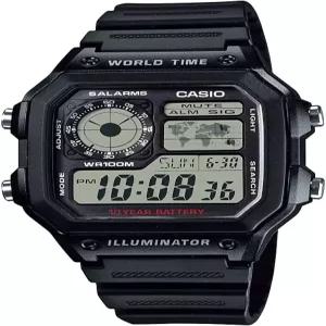 Casio AE1200WH 시리즈 남성용 디지털 시계 100M WR 다중 알람 100초 스톱워치 카운트다운 타이머 세계