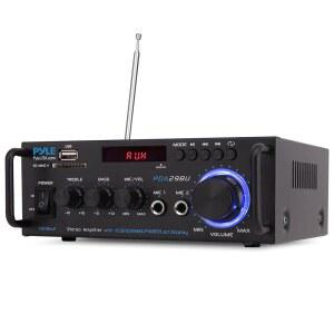 PYLE 200W 블루투스 컴팩트 파워 앰프 - 듀얼 노래방 마이크 입력이 있는 무선 2채널 오디오 리시버 RCA USB-A + SD 카드 MP3 플레이어 FM 라디오 AUX 지원 리모컨 PDA29BU