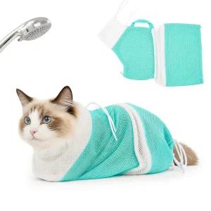 DENTRUN 고양이 목욕 가방 샤워용 지퍼 개폐 가능 스크래치 방지 헹굼용 메쉬 디자인 발톱 다듬기용 발