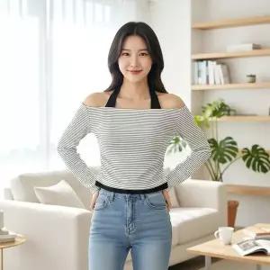 [하프클럽/]여름 달셴 배색 스트라이프 홀터넥 크롭티